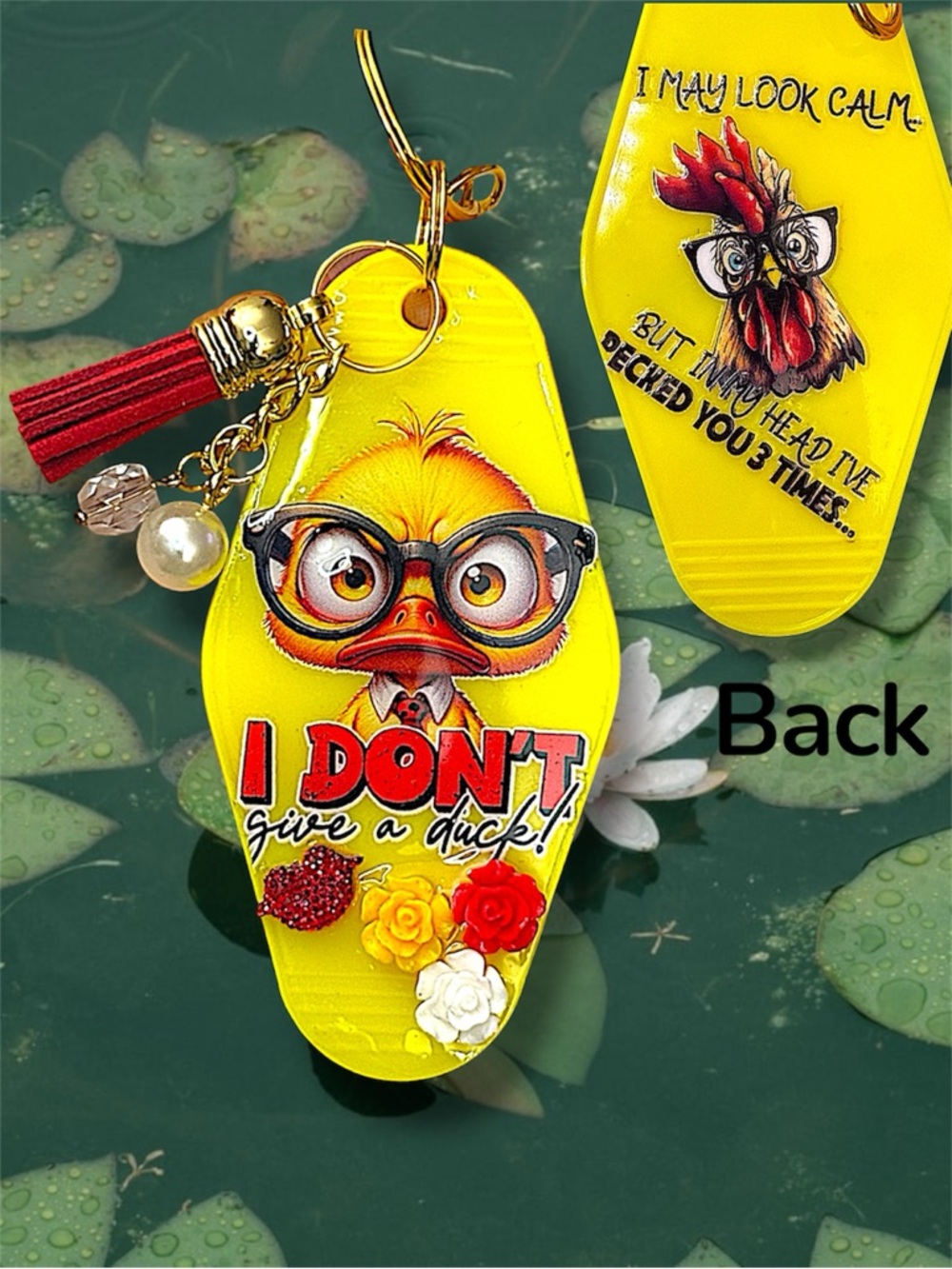 New Keychain, Handmade, Yellow I DON'T give a duck', Red Tassel, Hotel Keychain